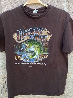Y2K Mens Size Medium Religious Jesus Fish Brown Fishing Shirt Kerusso
